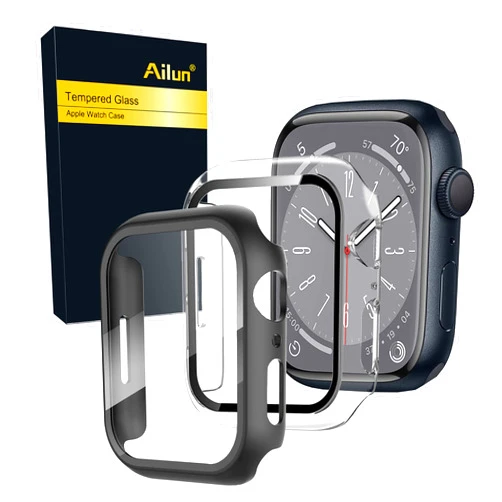 Ailun for Apple Watch Series 9 & 8 & 7 Screen Protector Case [41mm], Ultra-Thin Hard PC Case Built in Tempered Glass Screen Protector for iWatch, Shockproof Cover with Button [2 Pack][Black+Clear]