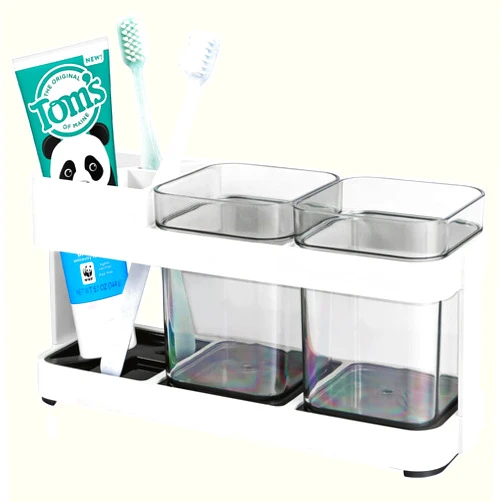 SHUXAG Toothbrush Holder with 2 Cups, 3 Slots, for Bathroom Organization Container, Storage for Organizing Toothpaste, Traditional or Electric Toothbrush Storage
