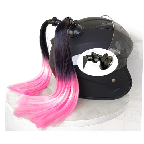 HHongJM Helmet Hair Helmet Pigtails Gradient Ramp Helmet Ponytail with Suction Cup for Motorcycle Bike Ombre Color 2PCS 14inch (Black Pink)