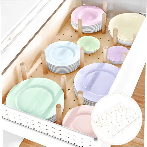 LOPOO 6 Pcs Wood Pegboard Drawer Organizer with 48 Pegs Wood Peg Board Plate Organizer Kitchen Pegboard for Food Containers Dishes Cookware Drawer Pegboard Kit for DIY Kitchen Decor(Wood 21 x 6 inch)