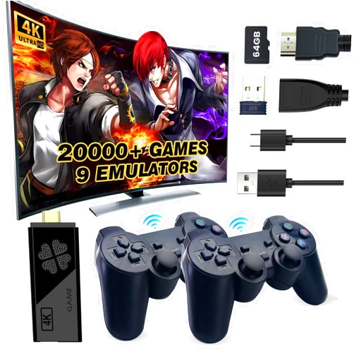 KUZEOLON Upgraded Model Wireless Retro Game Stick, Retro Video Game Console, 9 emulators, (64G), with Over 20000 Built-in Electronic Games, 4K HDMI Output, Dual 2.4G Wireless Control Plug and Play Retro Game