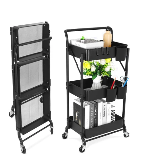 Johgee Foldable 3 Tier Metal Utility Rolling Cart, Folding Mobile Multi-Function Storage Trolley Organizer Cart for Home Library Office(Black)