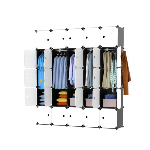 HOMOKUS Portable Wardrobe Closets, 70 x 70 x 18inchs Large Storage Cube, 5x5 Tiers 25 Cubes Storage Organzier, Black Portable Closet Cube Shelf with White Doors for Bedroom