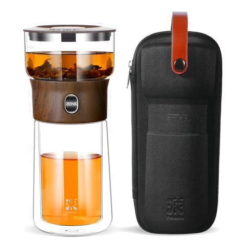 ZENS Novelty Smart One Touch Tea Maker, Small Glass Teapot Stainers for Loose Tea Steeper, Solo 3-in-1 Glass Tea Brewer with Insulated Tea Cup for Hot Gongfu Tea with Portable Tea Kits, Tea Gifts
