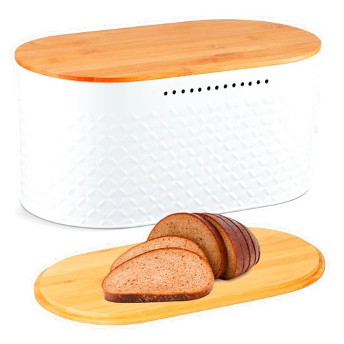 Hossejoy Metal Bread Box with Reversible Bamboo Cutting Lid, Bread Storage Container for Kitchen Countertop, Modern Bread Bin Holder Breadbox (White)