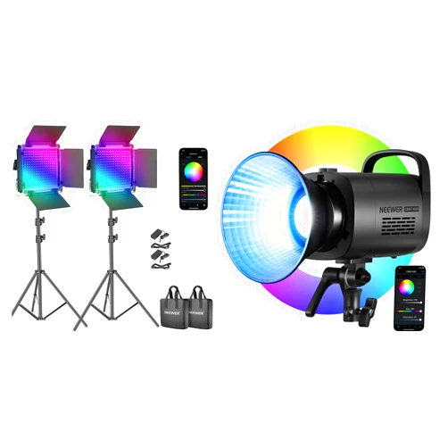 NEEWER 2 Packs 660 PRO RGB LED Video Light with App Control Stand Kit, 360° Full Color, 50W with CB60 RGB 70W LED Video Light App Control, Bowens Mount COB Full Color Continuous Output Lighting
