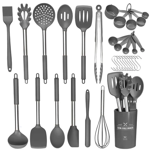 TAEVEKE Silicone Kitchen Utensils Set Utensilios de Cocina Cucharas de Silicona Para Cocina 33Pcs Silicone Cooking Utensils Set for Nonstick Cookware Dishwasher Safe (Grey)