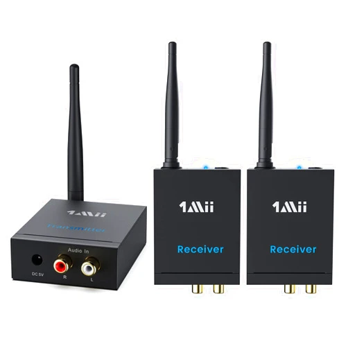 1Mii 3-in-1 2.4GHz Wireless Audio Transmitter and Receiver for TV, 20ms Ultra Low Delay RCA Out/in, 320 ft Range Wireless Adapter for Subwoofer to TV/PC/CD Player, 2 Receivers for Two Speakers