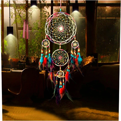 Jescrich Traditional Handicrafts Dream Catcher Hanging Feathers Ornament with 5 Rings（31'' Long）