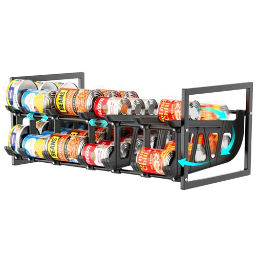 iSPECLE Expandable Can Organizer for Pantry, Large Capacity 60 Cans Can Storage Organizer Pantry Rack, Auto Rolling Dispenser & Stackable Metal Wire Holder for Deep Pantry Shelves, Black
