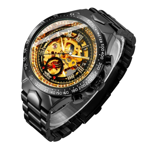 IK COLOURING Men's Watch, Mechanical Stainless Steel Skeleton Steampunk Design Automatic Self-Winding Roman Numeral Wrist Watch