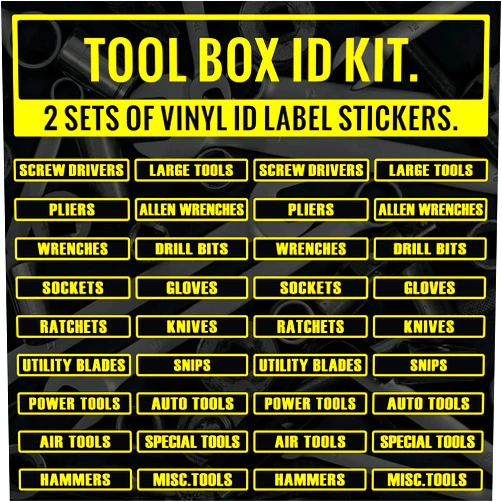 Valiant Collections Valiant Collection | Tool Box Label Sticker - Tool Box Sticker for Machine Organizer - Tool Box Vinyl decal - Waterproof Perfect for Wall, Metal, Windows, Hard Surfaces - (Black & Yellow) - VC-417