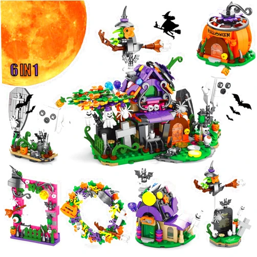 Beego 6IN1 Halloween Haunted House Building Kit Compatible with Lego, 6 Halloween Party Favors Nightmare Before Christmas Stacking Block - Candy House-Ghost Vampire-Pumpkin-Frame-Witch-Wreath Toy(601PCS)