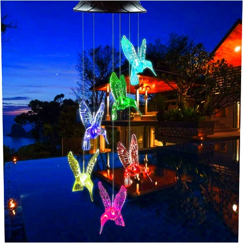 Milcraft Solar Hummingbird Wind Chimes - Color Changing LED Lights, Waterproof Outdoor for Home, Yard, Night, Garden
