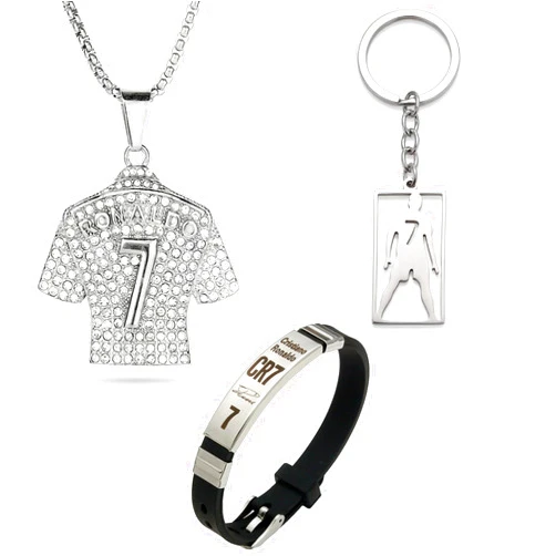 RUIZHUO 3PCS Soccer Bracelet Silver Plated Number7 Pendant Necklace Silicone Sports Wristband Signature Lock Bracelet Football Gifts for Men Fans