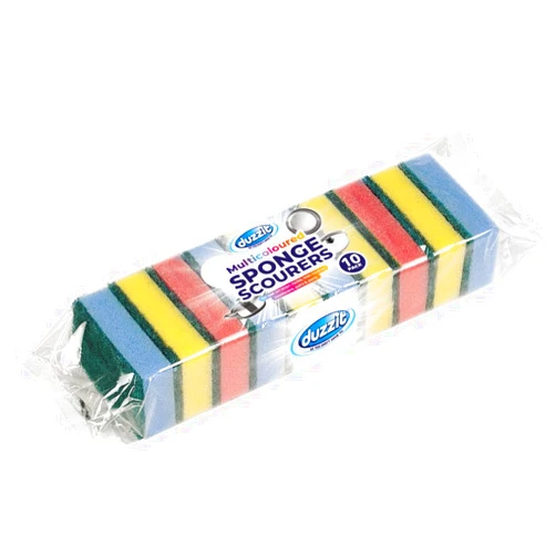 Duzzit Sponge Scourers Multicoloured for Kitchen and Bathroom, Remove Grease & Grime, Pack of 10, Multi, 10 Count (Pack of 1)