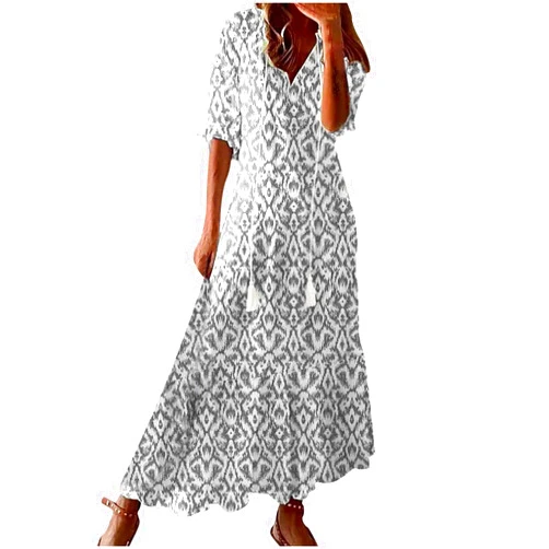 Generic Women's Vintage Boho Floral Print Dress Summer Short Sleeve Casual Dresses V-Neck Floral Party Dress with Tassel