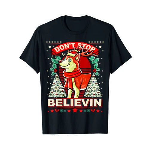 BCC Husky Shirts & Dog Lover Gifts Husky Don't Stop Believin Christmas Dog T-Shirt