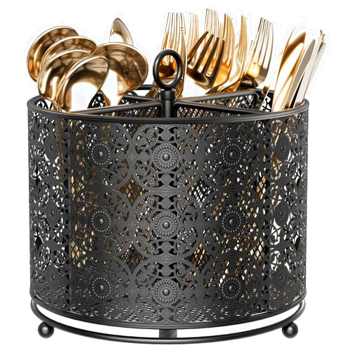YIUKEA 360° Rotating Utensil Caddy Countertop - Cutlery Silverware Caddy Holder with 4 Compartment - Higher Raised Flatware Organizer with Handle for Party Kitchen Counter Office Black