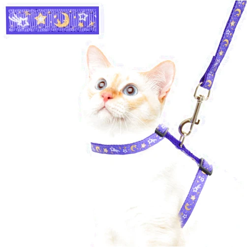 Barleygoo Cat Harness and Leash Set for Outdoor Walking Escape Proof Adjustable Soft Safety Strap with Golden Star and Moon Design Glow in The Dark Purple Medium