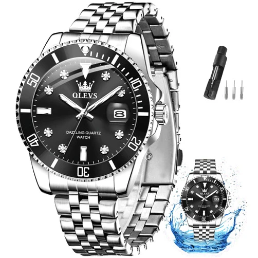 OLEVS Watches for Mens Stainless Steel Dress Mens Watches with Date Luxury Diamond Big Face Waterproof Blue/Black/Green/Gold/Red Dial Relojes para Hombres