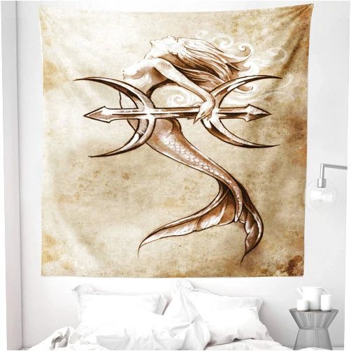 Ambesonne Mermaid Tapestry Queen Size, Vintage Girl in the Sea an Anchor Mythical Aquatic Creature Graphic Art, Wall Hanging Bedspread Bed Cover Wall Decor, 88
