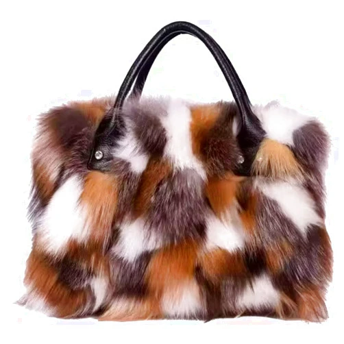 SULBUS D-01 Luxury Real Fox Fur Handbag For Women Ladies Furry Shoulder Bag Purse Colorful Silver Bags Big Capacity Fashion (One Size, Brown)
