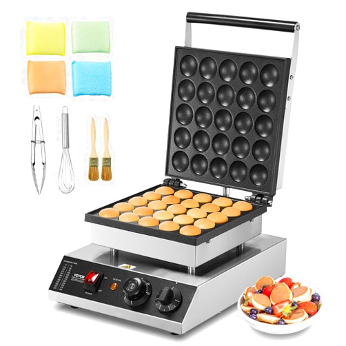 VEVOR Mini Dutch Pancake Maker, 25PCS 43mm Diameter Dorayaki Baker Machine, 1700W Commercial Electric Poffertjes Grill, Non-stick Stainless Steel, Temp & Time Control, for Home Kitchen Restaurant