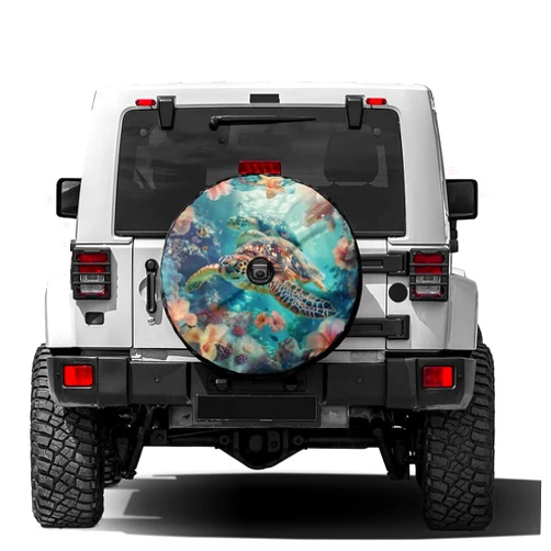 Foruidea Sea Turtles with Flowers 3 Spare Tire Cover with Backup Camera Hole Wheel Tire Cover Fit Trailer, RV, SUV and Many Vehicle 14inch