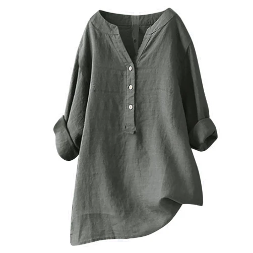 DASAYO Womens Tunic Tops Summer Casual Linen Long Sleeve Notch V-Neck Half Button Shirts Loose Fit Solid Color Blouses Trendy