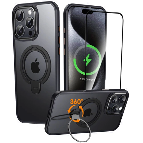 CASEOWL Compatible for iPhone 16 Pro Max Case with 360°Rotatable Magnetic Ring Stand [Compatible with MagSafe] [Mil-Grade Protection] Translucent Matte Shockproof Phone Case for 16 Pro Max Case,Black