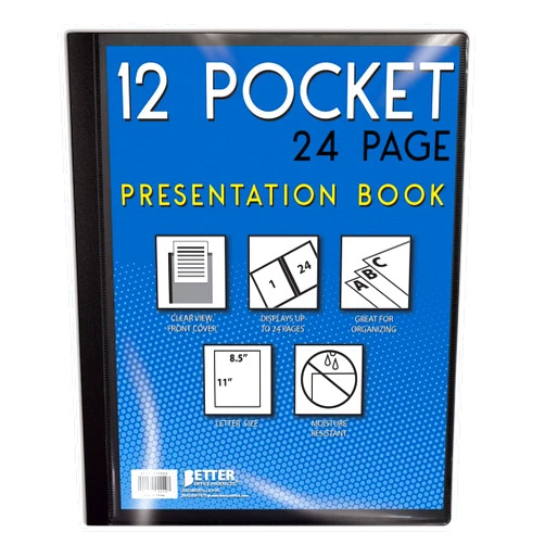 Better Office Products 12 Pocket Bound Presentation Book, Black with Clear View Front Cover, 24 Sheet Protector Pages, 8.5