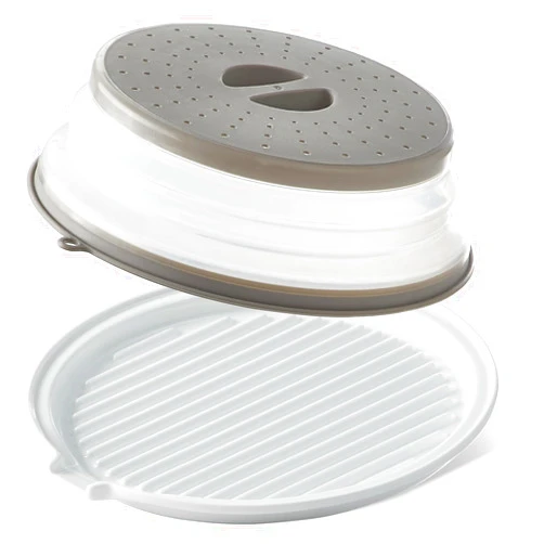 ONEMORE Microwave Bacon Tray with Lid Ceramic Bacon Cooker Meat Rack for Oven Cooking Crispy Bacon Maker with Cover - 11 inch Round Bacon Dish Plate, White