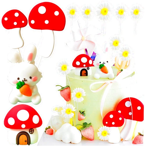 JeVenis Woodland Bunny Cake Topper Woodland Mushroom Fairy House Mushroom Cake Decoration Birthday Baby Shower Party Supplies