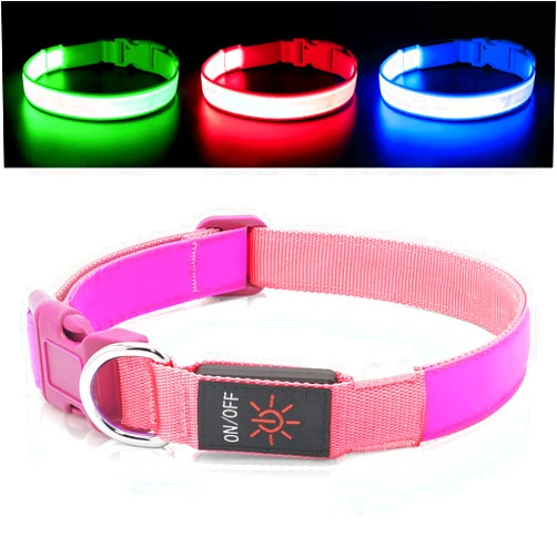 Bpawser LED Dog Collar Light Up Dog Collars Red Light USB Rechargeable, Adjustable Size Heavy Duty TPU Nylon Webbing Glow Safety Basic Dog Collars for Large Medium Dogs (M,Candy Pink)