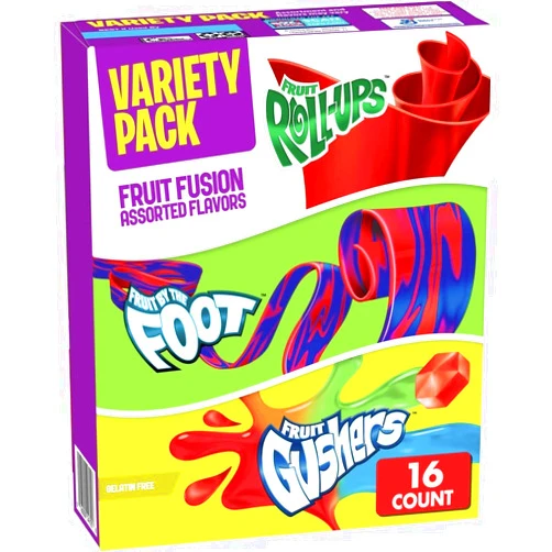 VEMAX Fruit Roll-Ups, Fruit by the Foot, Gushers, Snacks Variety Pack, 16 ct (Pack-2)