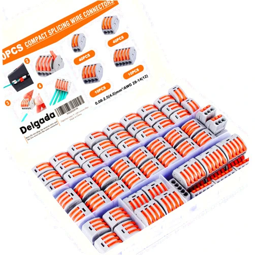 Delgada 100 PCS Compact Wire Connector Nuts Kit -Reusable Push-in Terminals for Quick Wire Splicing. Compatible with Stranded, Solid, and Flexible Wires. Includes 2-5 Ports for Universal Wiring