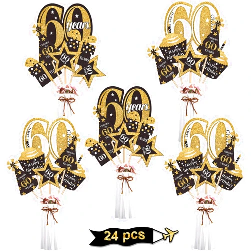 Blulu Birthday Party Decoration Set Golden Birthday Party Centerpiece Sticks Glitter Table Toppers Party Supplies, 24 Pieces (60th Birthday)