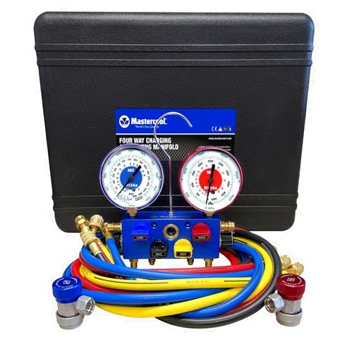 Mastercool 86972 R134a 4-Way Aluminum Manifold Gauge Set with Manual Couplers, 3-1/8