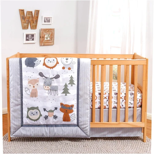 The Peanutshell Woodland Walk Crib Bedding Set for Boys or Girls | 3 Piece Nursery Set | Crib Quilt, Fitted Sheet, Crib Skirt