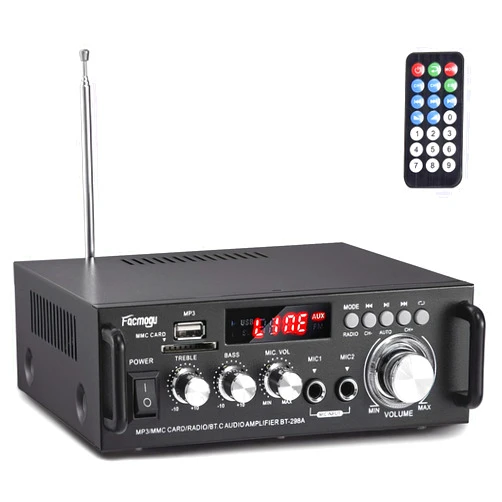 Facmogu 298A Max 300Wx2 Wireless Bluetooth 5.0 Stereo Audio Amplifier, RMS 40Wx2 Power Amp 2 Channel Stereo Receiver for Home Theater Speakers, Bass & Treble Control, USB/SD/RCA/MIC/FM in, Remote