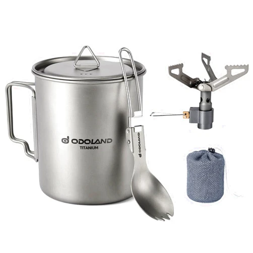 Odoland Titanium Camping Cookware 750ML Titanium Pot with Camping Stove and Spork Portable Camping Pot for Backpacking Hiking Traveling and Picnic