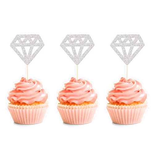 Ephlyn 24Pcs Diamond Ring Cupcake Toppers Silver Glitter Diamond Wedding Ring Cupcake Picks for Marriage Engagement Anniversary Valentines Party Cake Decorations Supplies