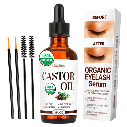 BodyJ4You Organic Castor Oil for Hair Growth: Natural Eyelashes Serum for Lashes and Eyebrows - Glass Bottle 1 Fl Oz