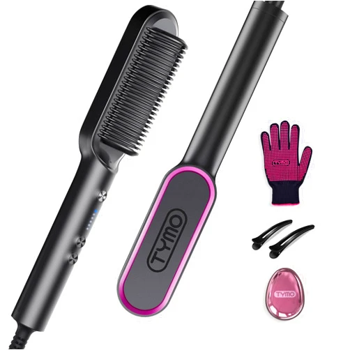 TYMO Hair Straightener Brush, TYMO Ring Hair Straightener Comb Straightening Brush for Women with 5 Temps 20s Fast Heating & Dual Voltage, Black