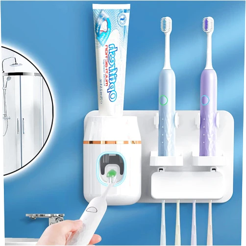 TuCao Toothpaste Dispenser, Automatic Toothpaste Dispenser, Space-Saving Toothbrush Holder Wall Mounted for Bathroom, Toothpaste Squeezer, Electric Toothpaste Dispenser for Kids with 4 Toothbrush Slots