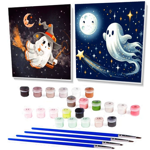 stnckic 2 Pcs Halloween Paint by Numbers Kits for Kids Framed,Ghosts Adults' Paint-by-Number Kits on Canvas Easy Acrylic Oil Painting by Number for Adults Halloween for Home Decor 8x8 inchs