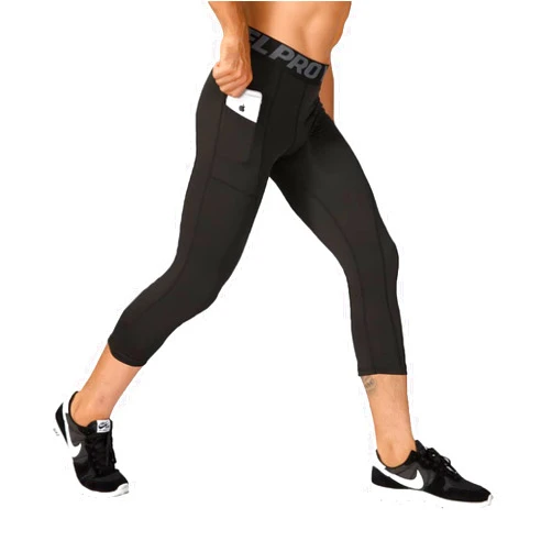 LEICHR 1 or 3 Pack Men's 3/4 Compression Pants, Dry Fit Men Running Leggings, Workout Basketball Capri Tights with Pocket