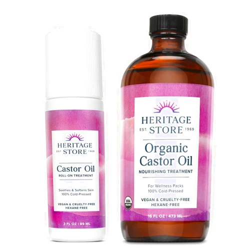 HERITAGE STORE Castor Oil Roll On and Organic Castor Oil Bundle - Nourishing Treatment for Hair, Skin, Lashes and Brows, Castor Oil Packs - Cold Pressed, Hexane Free, Vegan, 60-Day Guarantee, 3oz/16oz