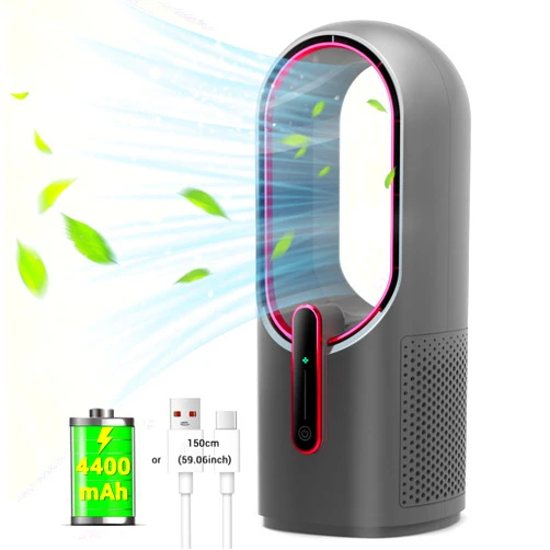 Misby Desk Fan, Rechargeable Battery Powered or USB-Powered Bladeless Fan,11.8 Inch Portable Fan, 3 Speeds Table Fan, Touch Control, Grey Low Power Cooling Fans for Bedroom, Home, Office